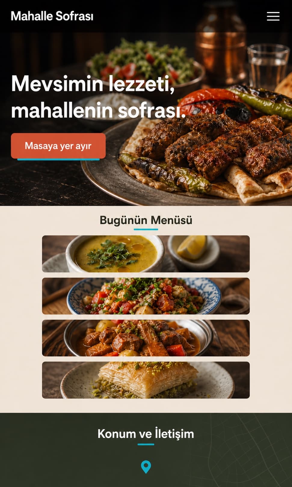 Mahalle Sofrası için yemek ve rezervasyon odaklı mobil web sitesi konsepti
