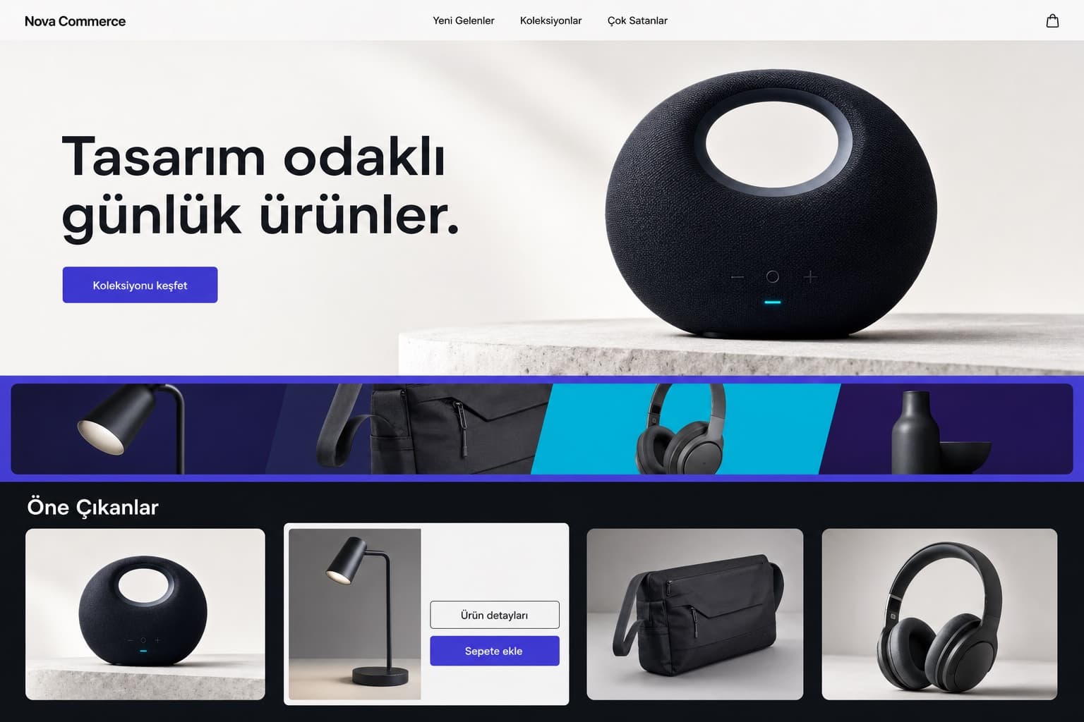 Nova Commerce için ürün hiyerarşisi ve satın alma akışını gösteren masaüstü mağaza konsepti